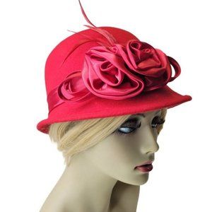 Red Wool Hat Floral Rosette Accents Satin Bows Red Feathers Cloche Bucket Hat